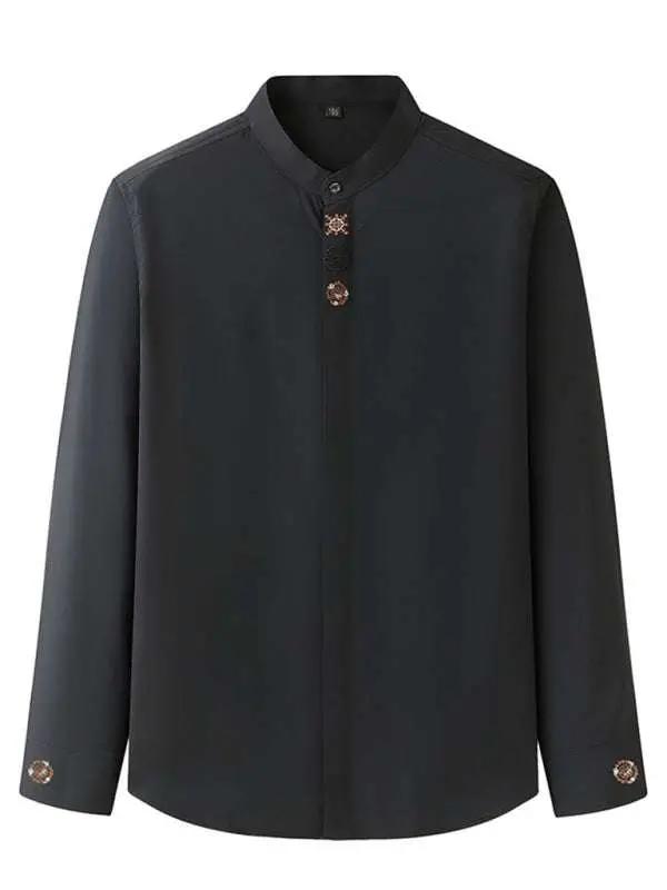 Stylish Plus Size Men's Embroidered Long-Sleeve Casual Shirt - Comfortable Stretch Fabric for All Seasons - MENLL