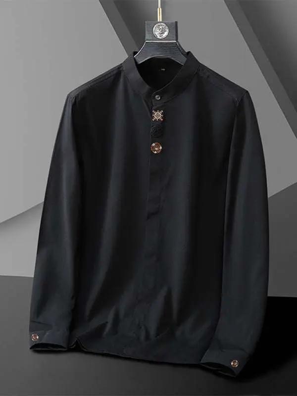 Stylish Plus Size Men's Embroidered Long-Sleeve Casual Shirt - Comfortable Stretch Fabric for All Seasons - MENLL