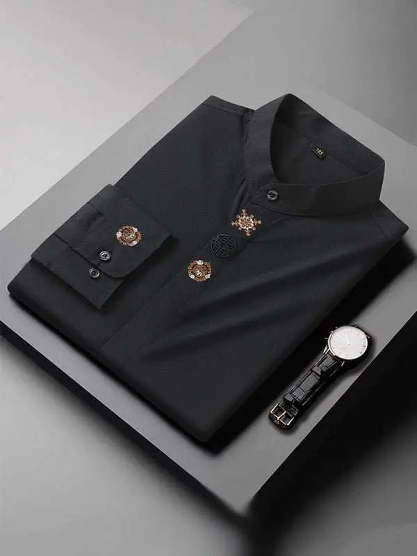 Stylish Plus Size Men's Embroidered Long-Sleeve Casual Shirt - Comfortable Stretch Fabric for All Seasons - MENLL