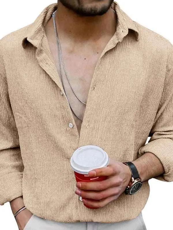 Chic Men's Versatile Solid Color Casual Lapel Long Sleeve Shirt for All Seasons - MENLL