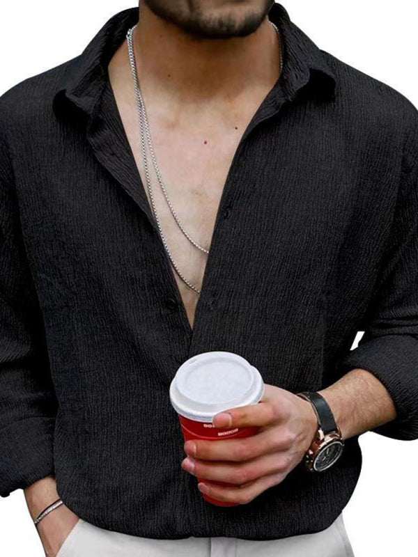 Chic Men's Versatile Solid Color Casual Lapel Long Sleeve Shirt for All Seasons