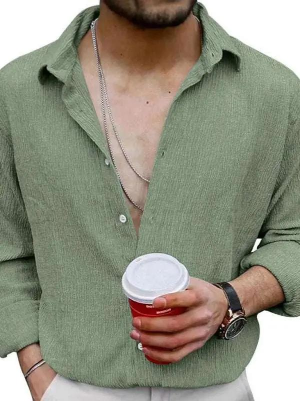 Chic Men's Versatile Solid Color Casual Lapel Long Sleeve Shirt for All Seasons - MENLL