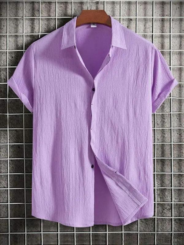 Effortlessly Stylish Men's Short Sleeve Casual Button-Up Shirt in Soft Cotton-Linen Blend - MENLL