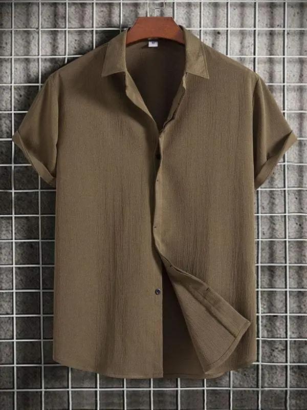 Effortlessly Stylish Men's Short Sleeve Casual Button-Up Shirt in Soft Cotton-Linen Blend - MENLL