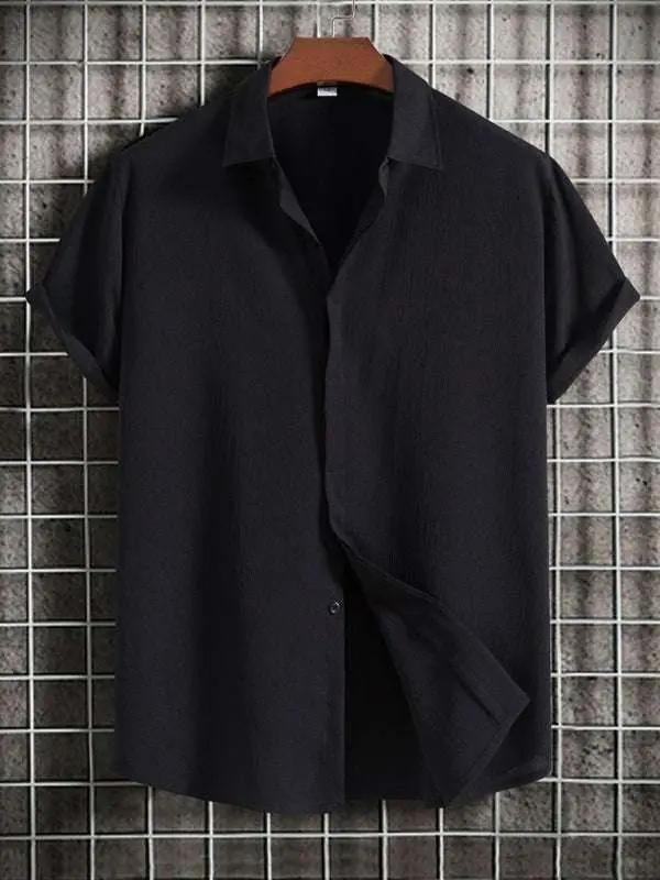 Effortlessly Stylish Men's Short Sleeve Casual Button-Up Shirt in Soft Cotton-Linen Blend - MENLL