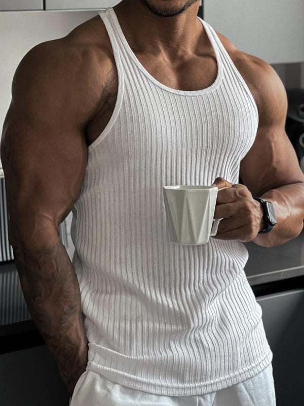 Knitted vertical stripes fitness sports slim vest for men, comfortable and stylish racerback design.