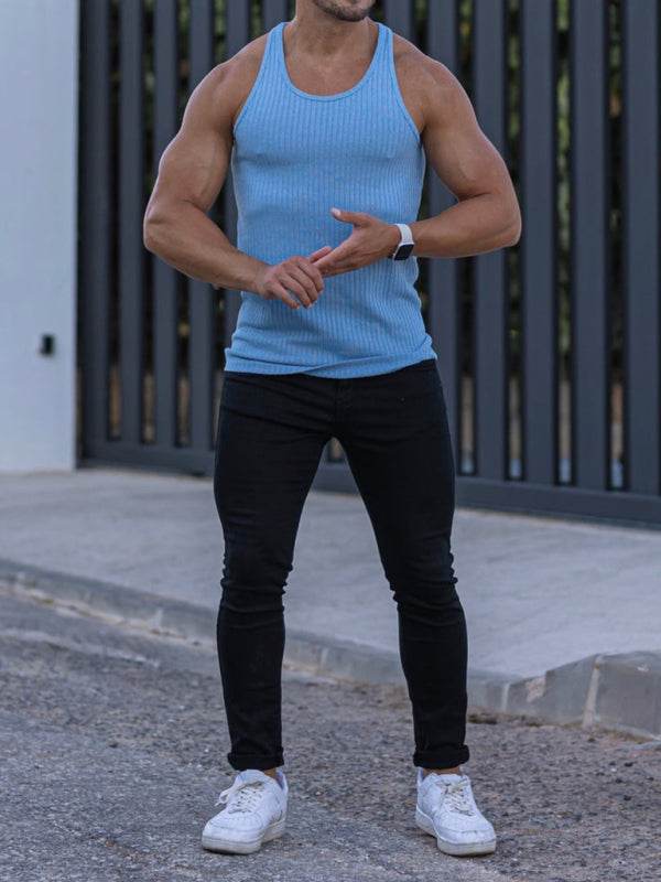 Elevate Your Workout: Knitted Striped Men's Racerback Slim Fit Vest for Ultimate Comfort and Style