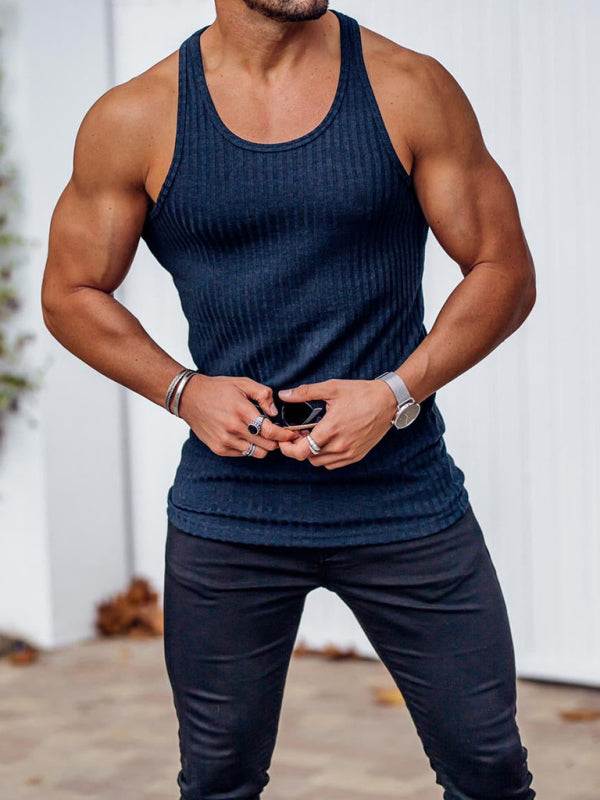 Elevate Your Workout: Knitted Striped Men's Racerback Slim Fit Vest for Ultimate Comfort and Style