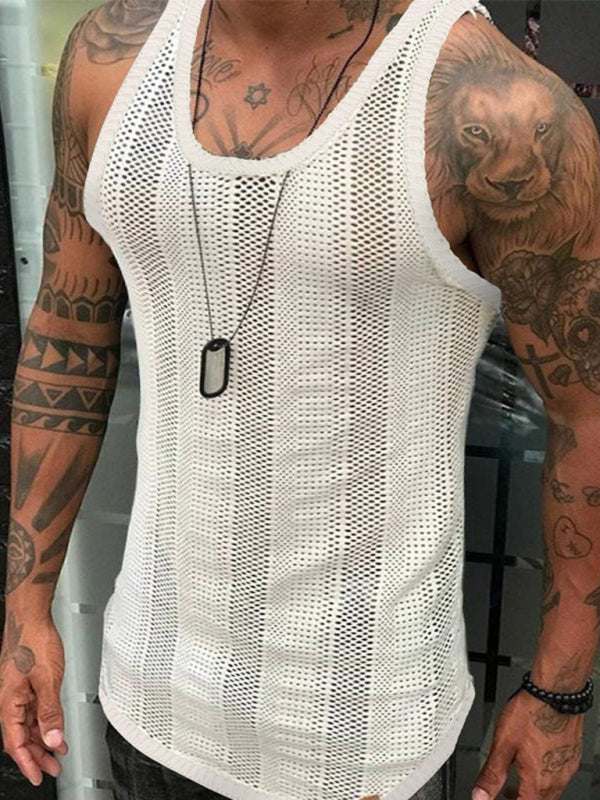White mesh sleeveless sports vest for men, lightweight and stylish performance top.