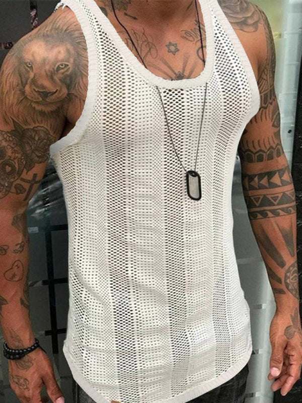 Sleek White Mesh Sleeveless Sports Vest for Men - Lightweight & Stylish Performance Top