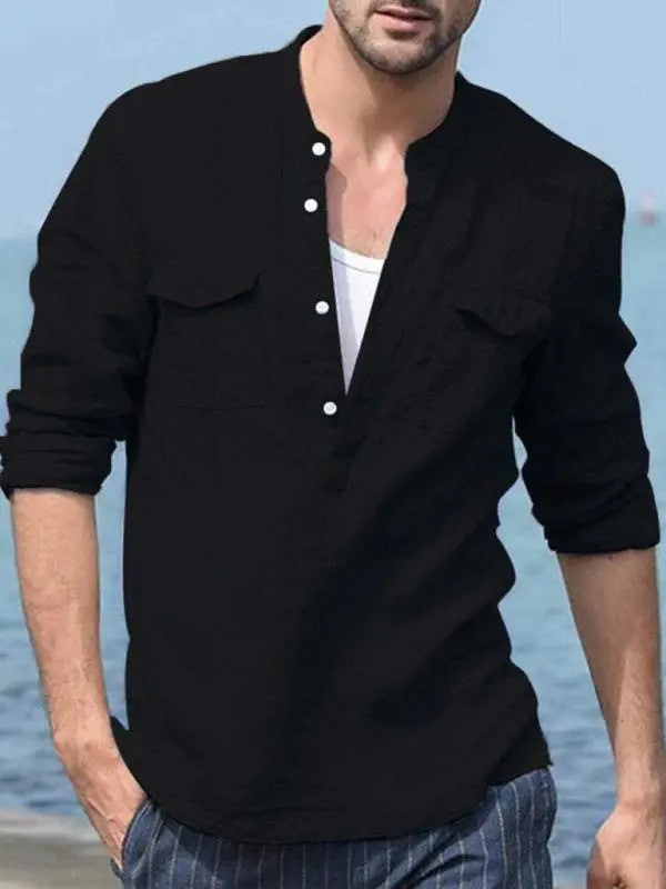Stylish Men's Cotton-Linen Pocket Shirt for Effortless Spring-Summer Chic - MENLL