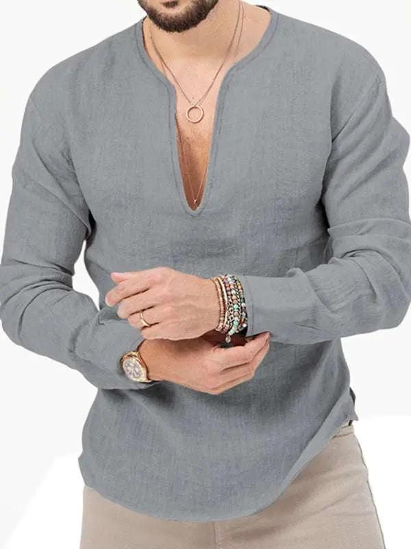 Stylish Men's Slim Fit Long Sleeve Deep V-Neck T-Shirt - Versatile Solid Color Top for Every Season - MENLL