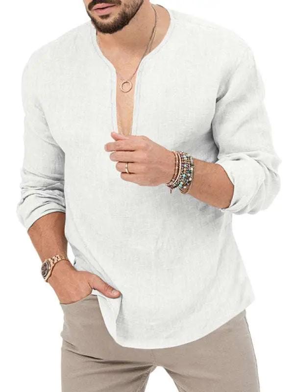 Stylish Men's Slim Fit Long Sleeve Deep V-Neck T-Shirt - Versatile Solid Color Top for Every Season - MENLL