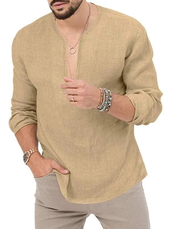 Stylish Men's Slim Fit Long Sleeve Deep V-Neck T-Shirt - Versatile Solid Color Top for Every Season - MENLL
