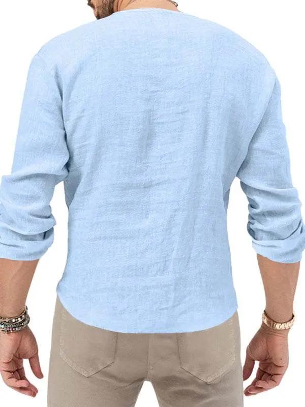 Stylish Men's Slim Fit Long Sleeve Deep V-Neck T-Shirt - Versatile Solid Color Top for Every Season - MENLL