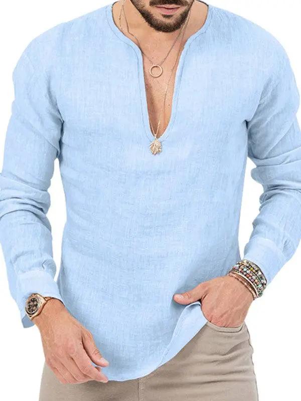 Stylish Men's Slim Fit Long Sleeve Deep V-Neck T-Shirt - Versatile Solid Color Top for Every Season - MENLL
