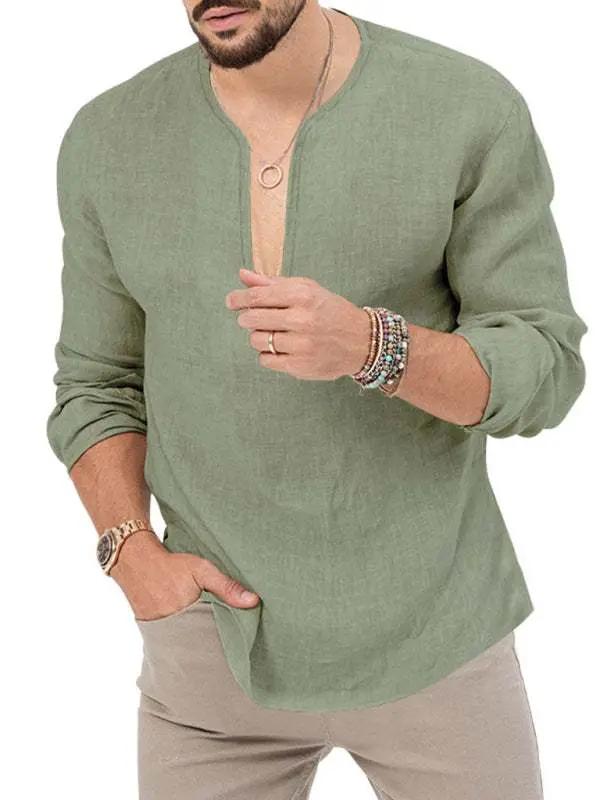 Stylish Men's Slim Fit Long Sleeve Deep V-Neck T-Shirt - Versatile Solid Color Top for Every Season - MENLL