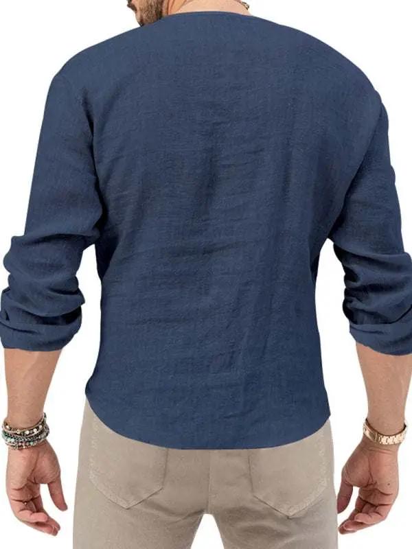 Stylish Men's Slim Fit Long Sleeve Deep V-Neck T-Shirt - Versatile Solid Color Top for Every Season - MENLL