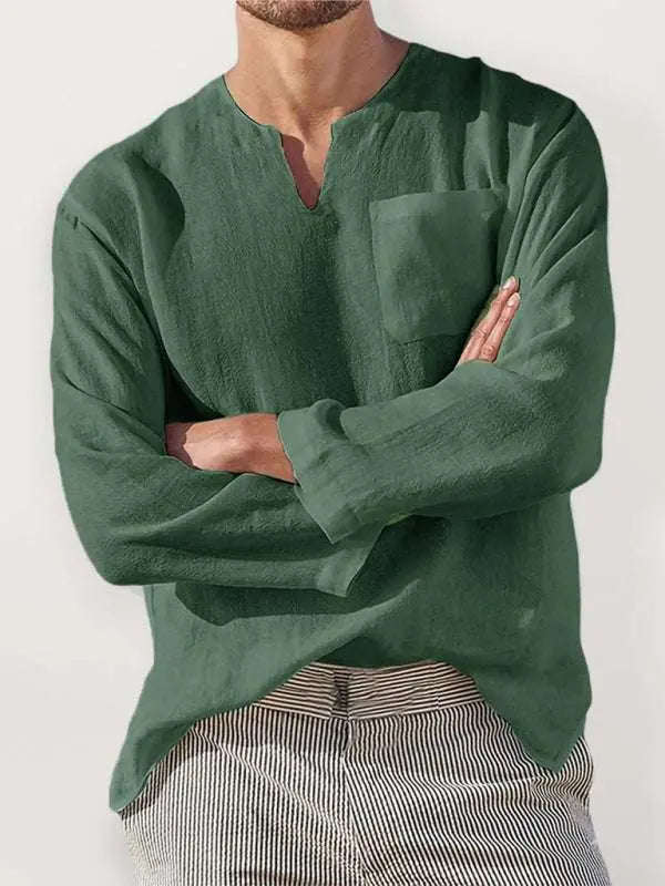 Linen Blend Shirt - Lightweight Beachwear - V-Neck - Complete View