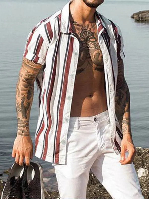 Trendy Striped Slim-Fit Lapel Cardigan - Lightweight Short-Sleeve Shirt for Effortless Style - MENLL