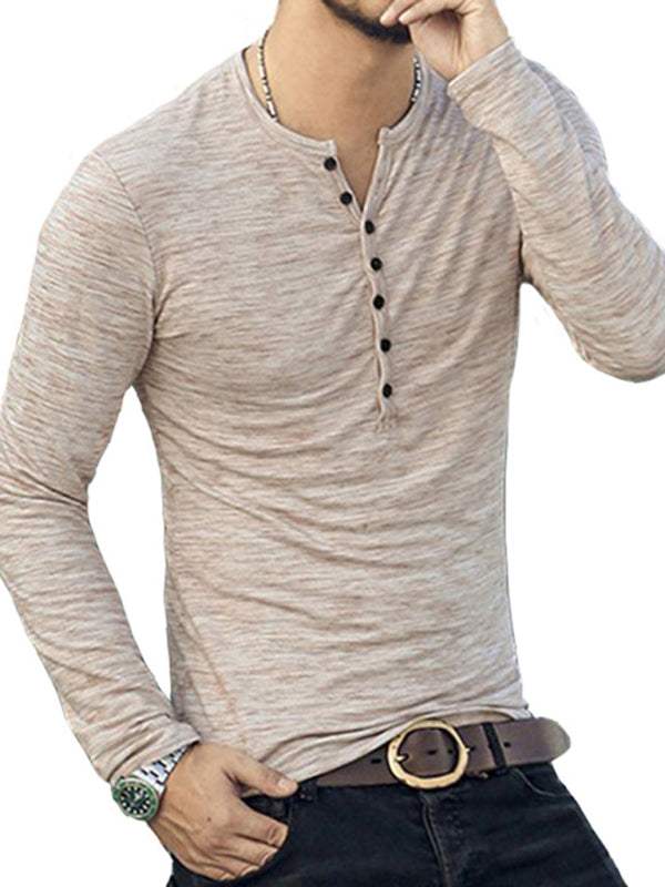 Chic Open Placket Slub Silk Long-Sleeve Slim Fit T-Shirt for Men - MENLL