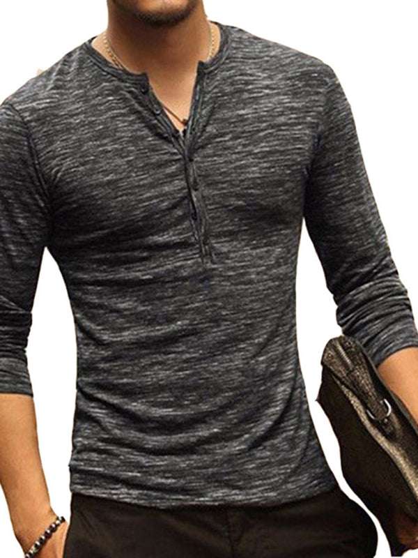 Chic Open Placket Slub Silk Long-Sleeve Slim Fit T-Shirt for Men - MENLL