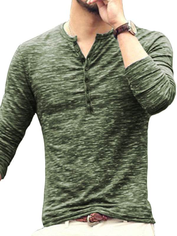 Chic Open Placket Slub Silk Long-Sleeve Slim Fit T-Shirt for Men - MENLL