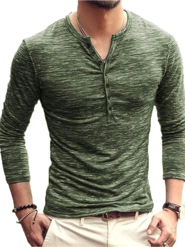 MENLL Grey Slub T-Shirt + Casual Wear + Men's Long Sleeve Slim Fit + Chic Open Placket by MENLL