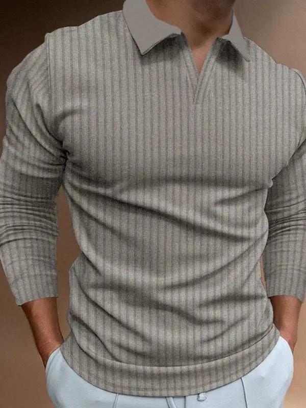 Chic V-Neck Polo with Stand-Up Collar and Vertical Stripes - Perfect for Spring-Summer! - MENLL