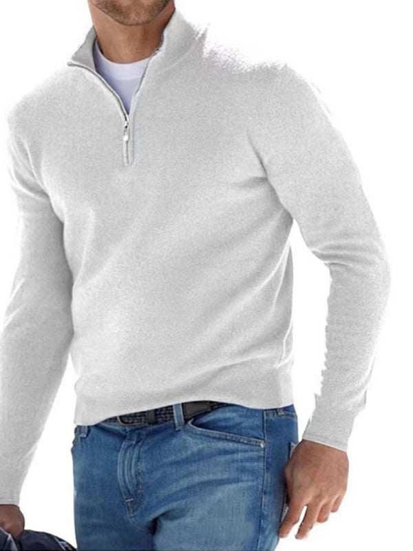 V-neck wool fleece zippered long sleeve polo shirt for men.