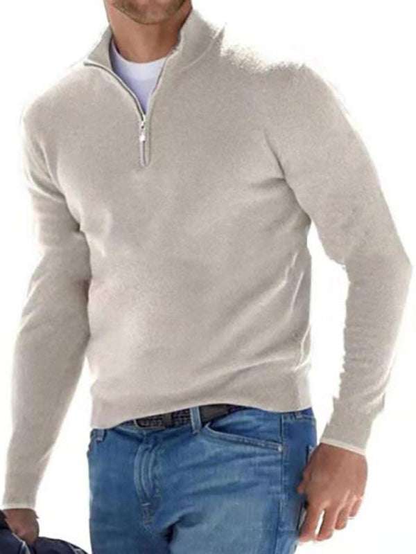 Chic V-Neck Wool Fleece Zippered Long Sleeve Polo Shirt for Effortless Autumn Style