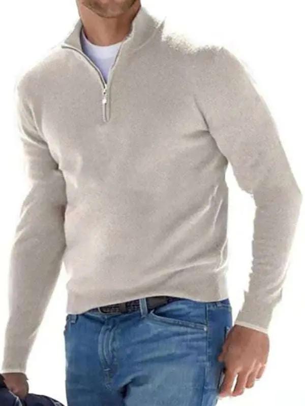 Chic V-Neck Wool Fleece Zippered Long Sleeve Polo Shirt for Effortless Autumn Style - MENLL