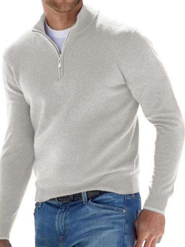 Chic V-Neck Wool Fleece Zippered Long Sleeve Polo Shirt for Effortless Autumn Style
