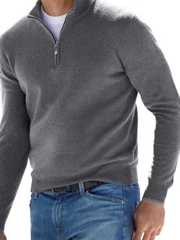 Chic V-Neck Wool Fleece Zippered Long Sleeve Polo Shirt for Effortless Autumn Style