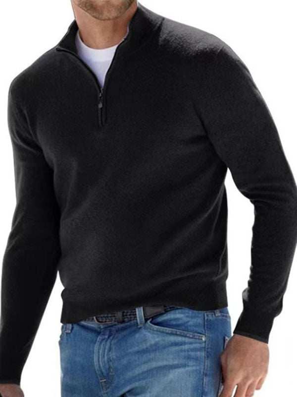 Chic V-Neck Wool Fleece Zippered Long Sleeve Polo Shirt for Effortless Autumn Style