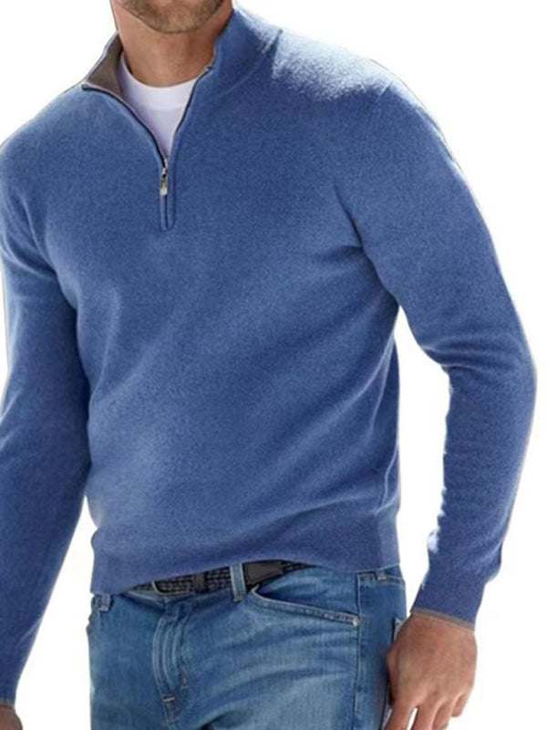 Chic V-Neck Wool Fleece Zippered Long Sleeve Polo Shirt for Effortless Autumn Style