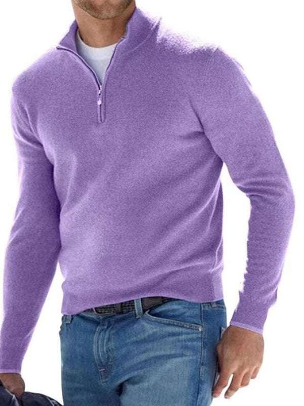 Chic V-Neck Wool Fleece Zippered Long Sleeve Polo Shirt for Effortless Autumn Style