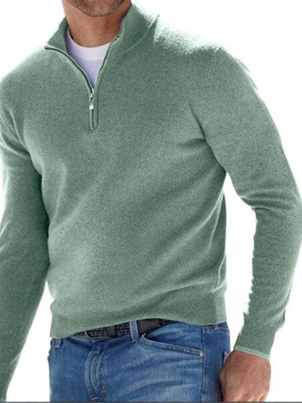 Chic V-Neck Wool Fleece Zippered Long Sleeve Polo Shirt for Effortless Autumn Style