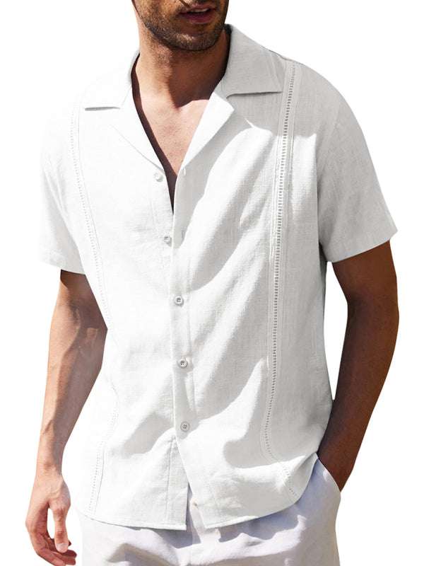 Men's loose casual linen Cuban Guayabera shirt, short sleeve, stylish beachwear.
