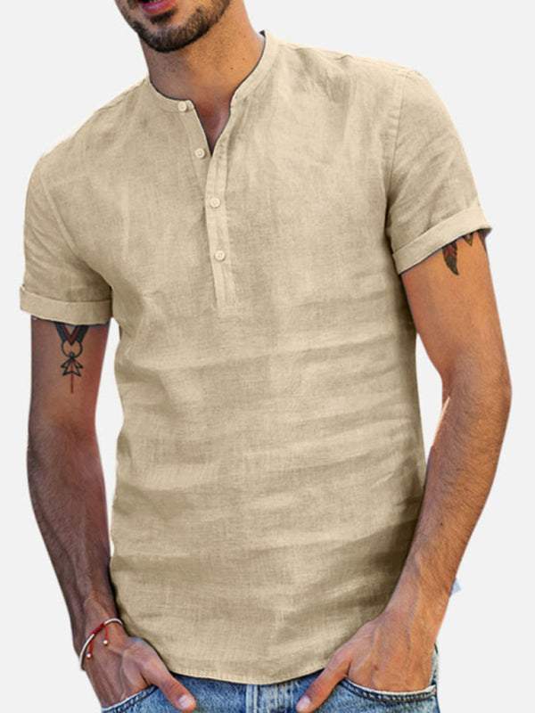 Elevate Your Wardrobe: Men's Stylish Stand Collar Short Sleeve V-Neck Cotton-Linen Shirt - MENLL
