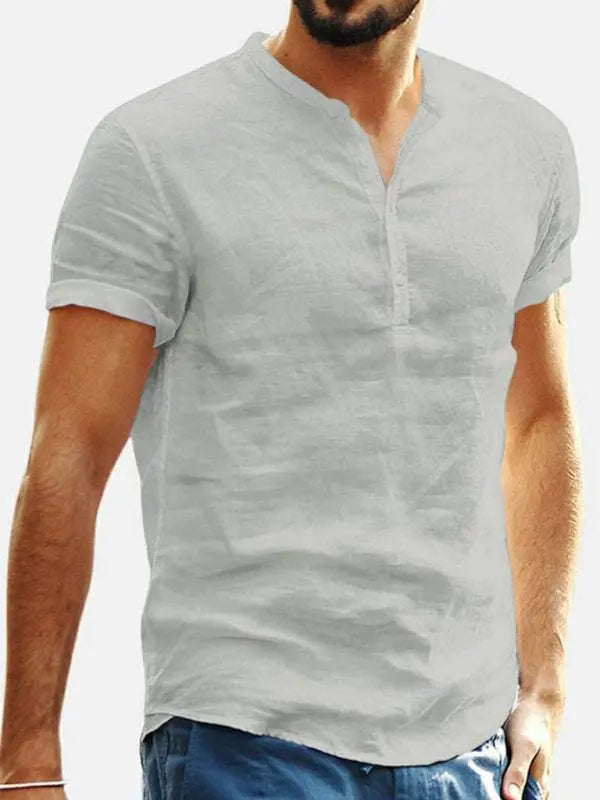 Elevate Your Wardrobe: Men's Stylish Stand Collar Short Sleeve V-Neck Cotton-Linen Shirt - MENLL