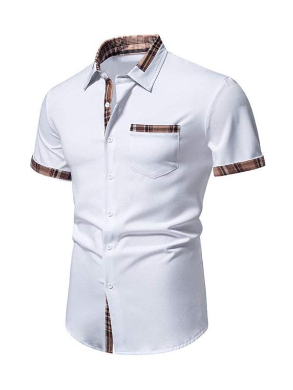 Stylish Men's Short Sleeve Plaid Color Block Shirt for Effortless Casual Elegance - MENLL