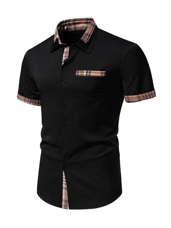 Stylish Men's Short Sleeve Plaid Color Block Shirt for Effortless Casual Elegance - MENLL