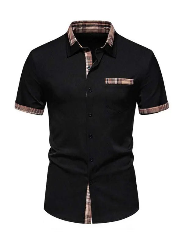 Stylish Men's Short Sleeve Plaid Color Block Shirt for Effortless Casual Elegance - MENLL