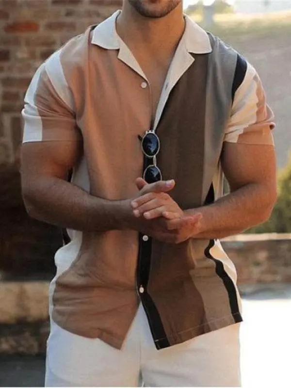 Stylish Men's Striped Lapel Short Sleeve Shirt for Effortless Casual Elegance - MENLL