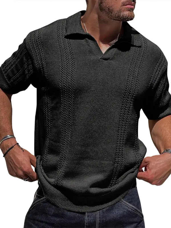MENLL Stylish Knitted Polo Men's Casual V-Neck Short Sleeve Top by MENLL