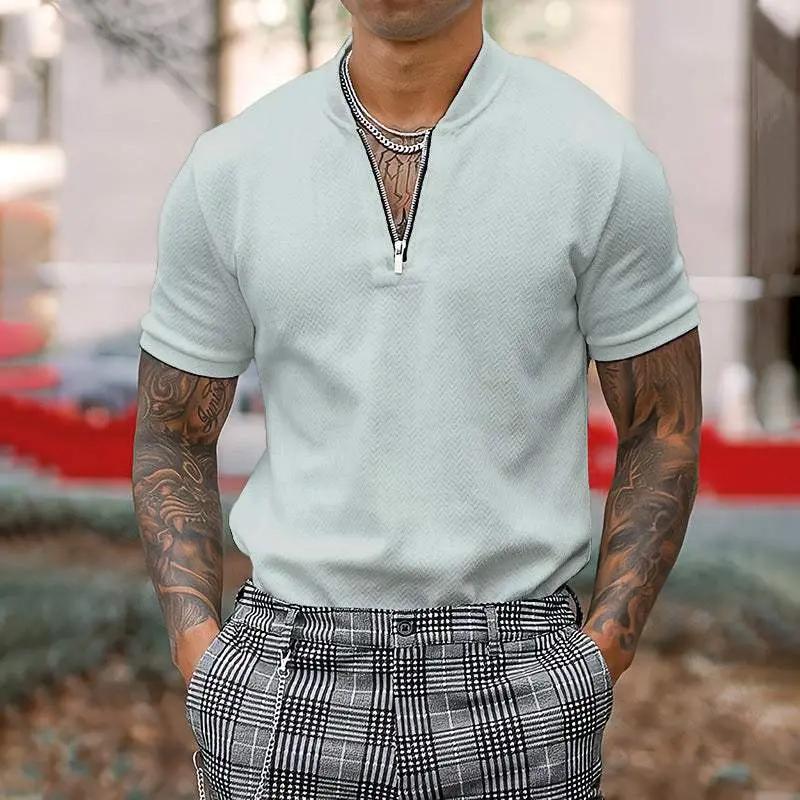 Stylish Men's Zipper Stand Collar Short Sleeve Tee for Effortless Casual Chic - MENLL