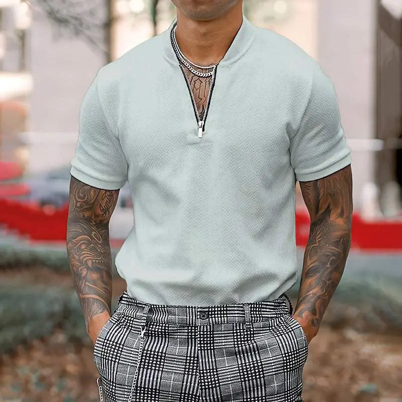 Stylish Men's Zipper Stand Collar Short Sleeve Tee for Effortless Casual Chic - MENLL