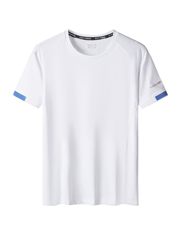 Men's white quick-drying short-sleeved sports T-shirt with blue accents, made of polyester and elastane, suitable for spring-summer.