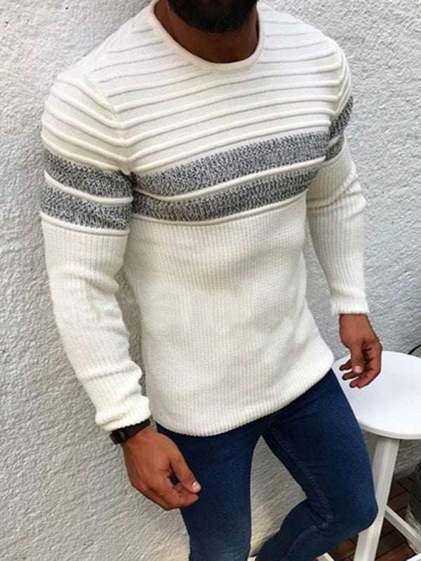 Colorblock stripe casual crew neck pullover for men in white and gray.